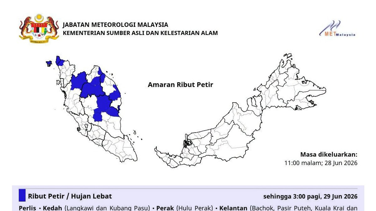 MetMalaysia Warns of Thunderstorms and Heavy Rain Across Six States Until Early Morning
