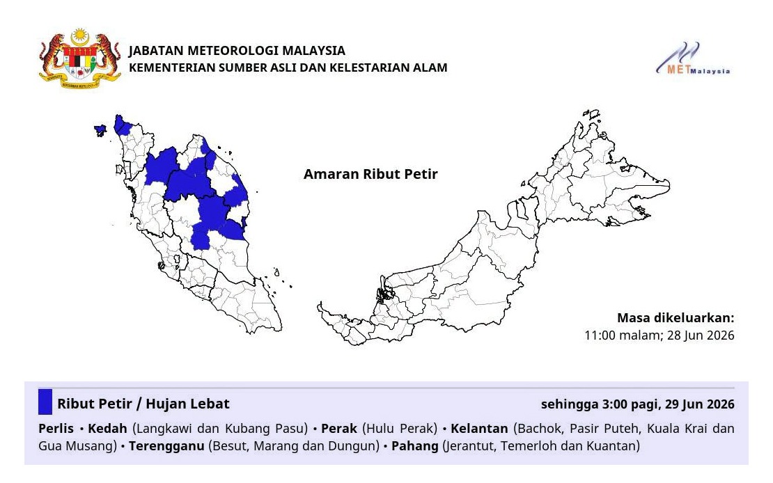 MetMalaysia Warns of Thunderstorms and Heavy Rain Across Six States Until Early Morning