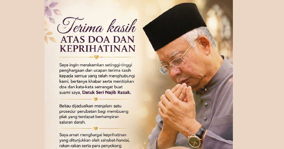Rosmah appeals for prayers as Najib undergoes vascular treatment procedure