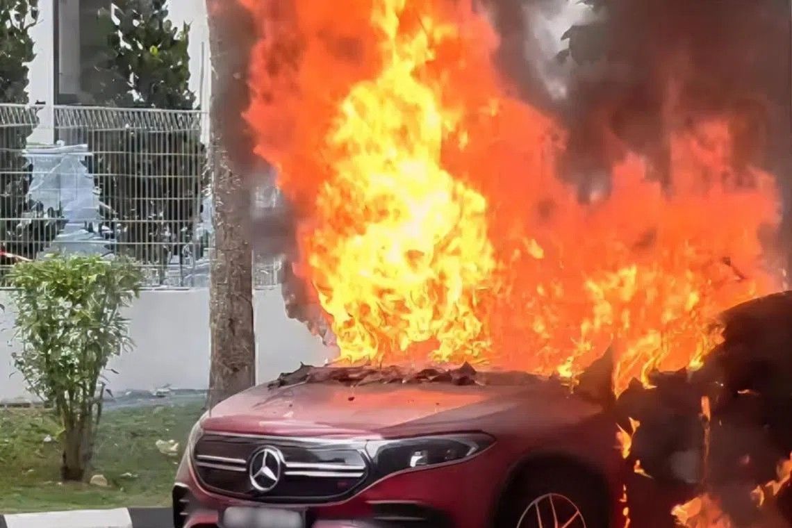 Electric vehicle erupts in flames at Woodlands carpark; battery suspected as ignition source