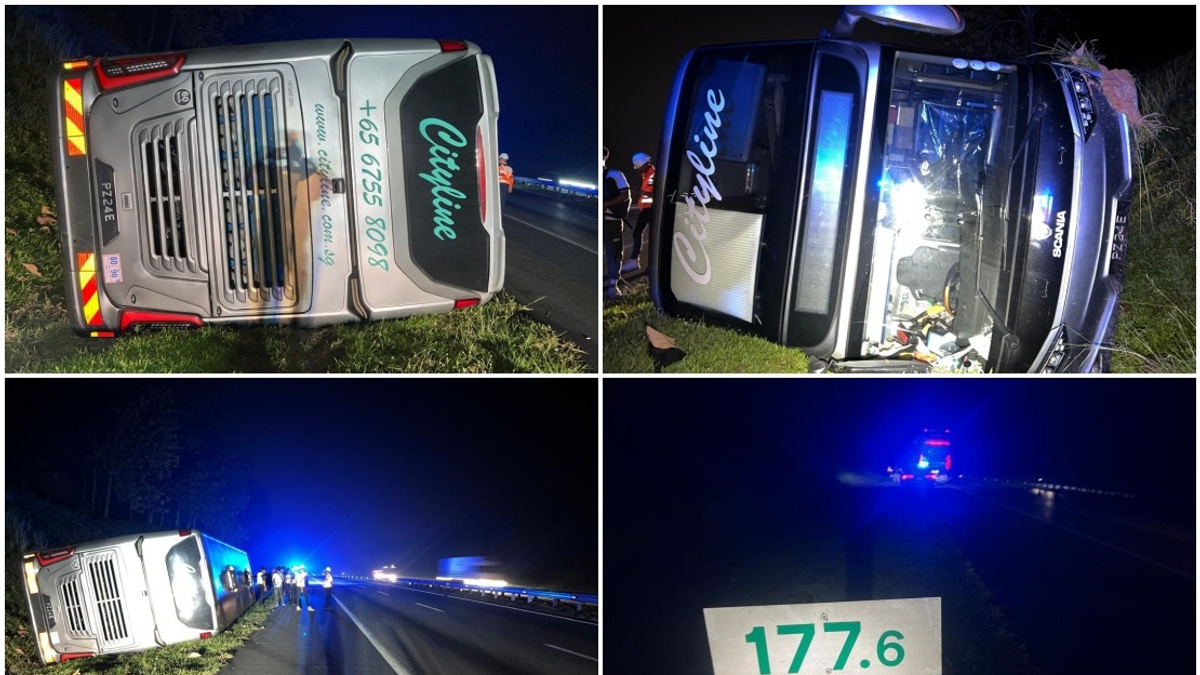 Tour Bus Overturns on North-South Expressway in Jasin, Three Injured