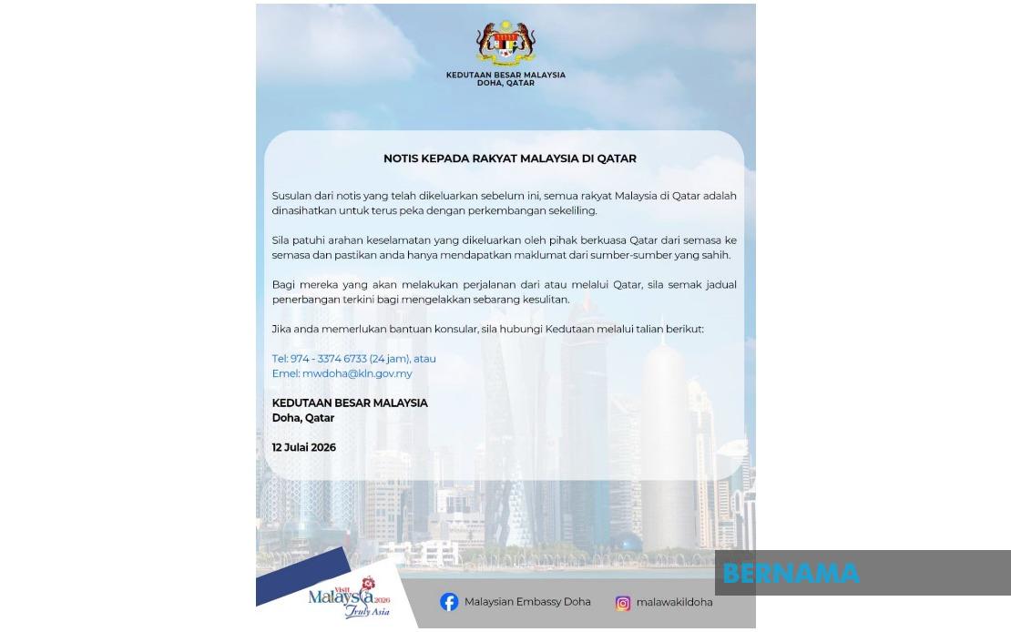 Malaysian Embassy in Qatar Urges Citizens to Heed Security Alerts Amid US-Iran Tensions