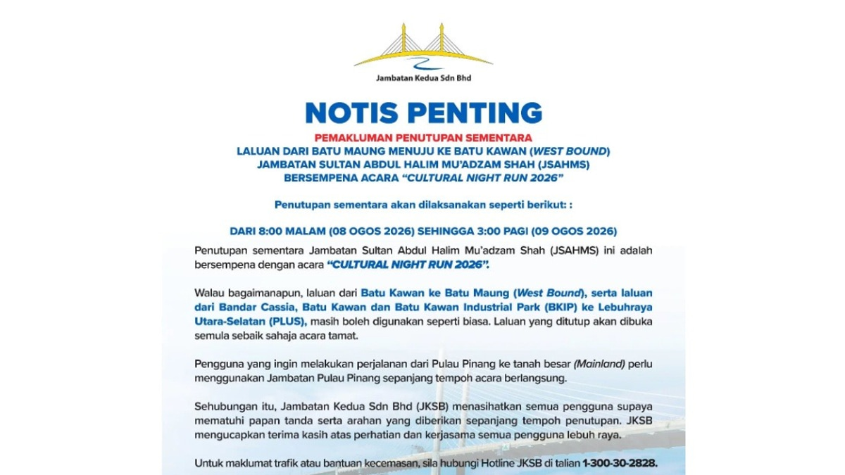 Second Penang Bridge Westbound Lane Closes for Cultural Night Run 2026