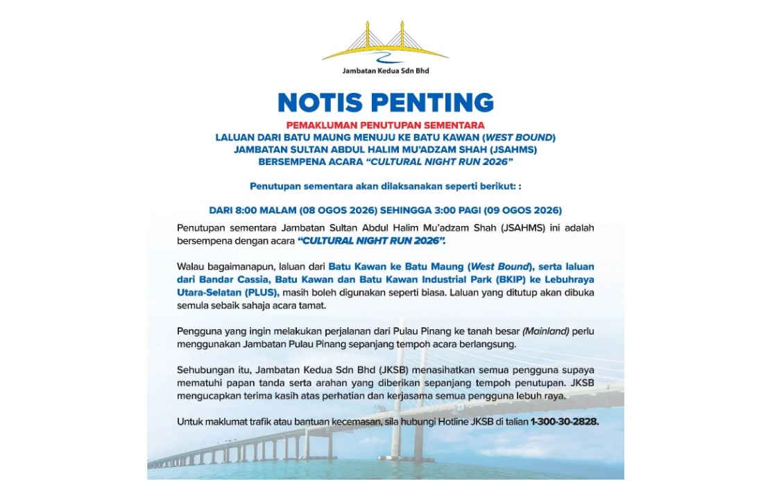 Second Penang Bridge Westbound Lane Closes for Cultural Night Run 2026
