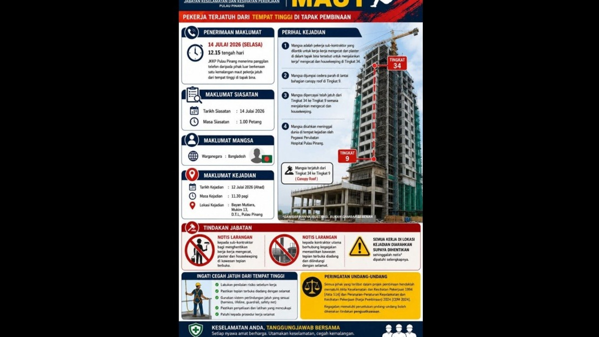 Penang DOSH Investigates Bangladeshi Worker's Fatal Fall at Bayan Mutiara Construction Site