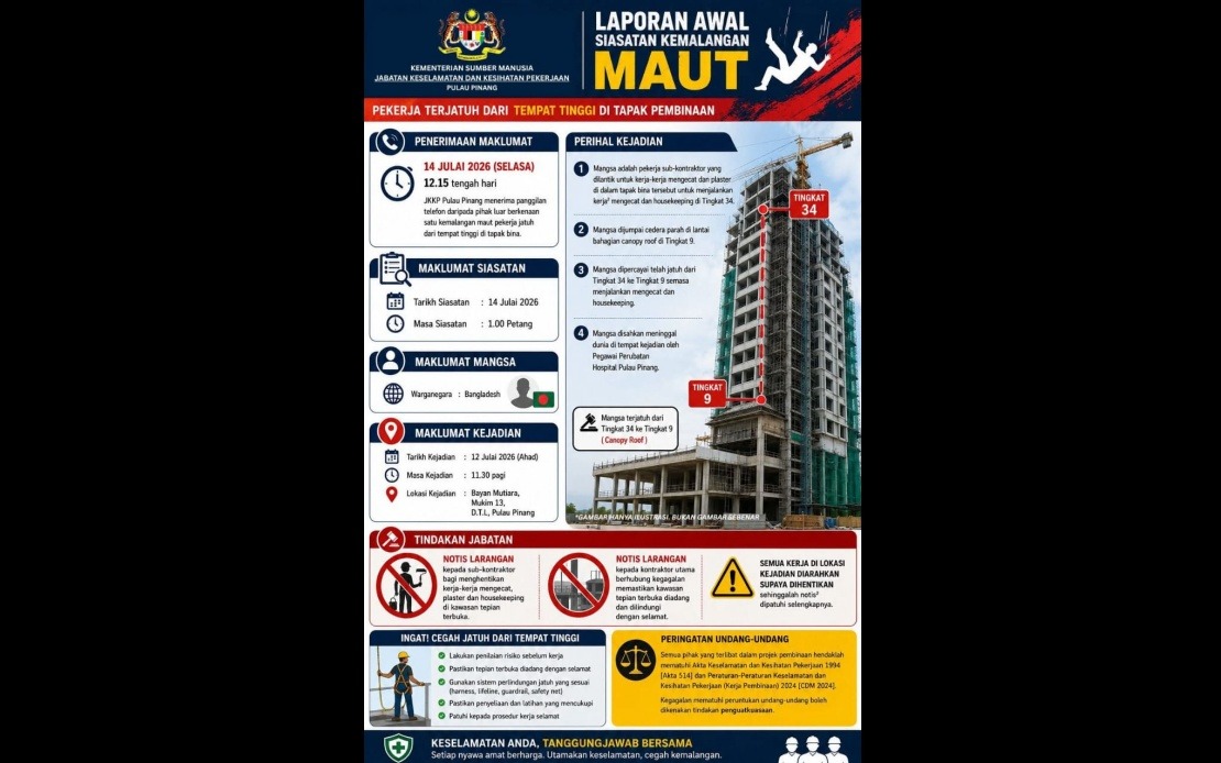 Penang DOSH Investigates Bangladeshi Worker's Fatal Fall at Bayan Mutiara Construction Site