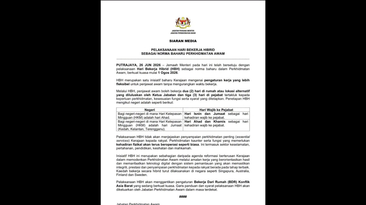 Malaysia's Civil Service to Shift to Hybrid Working Model from August 1
