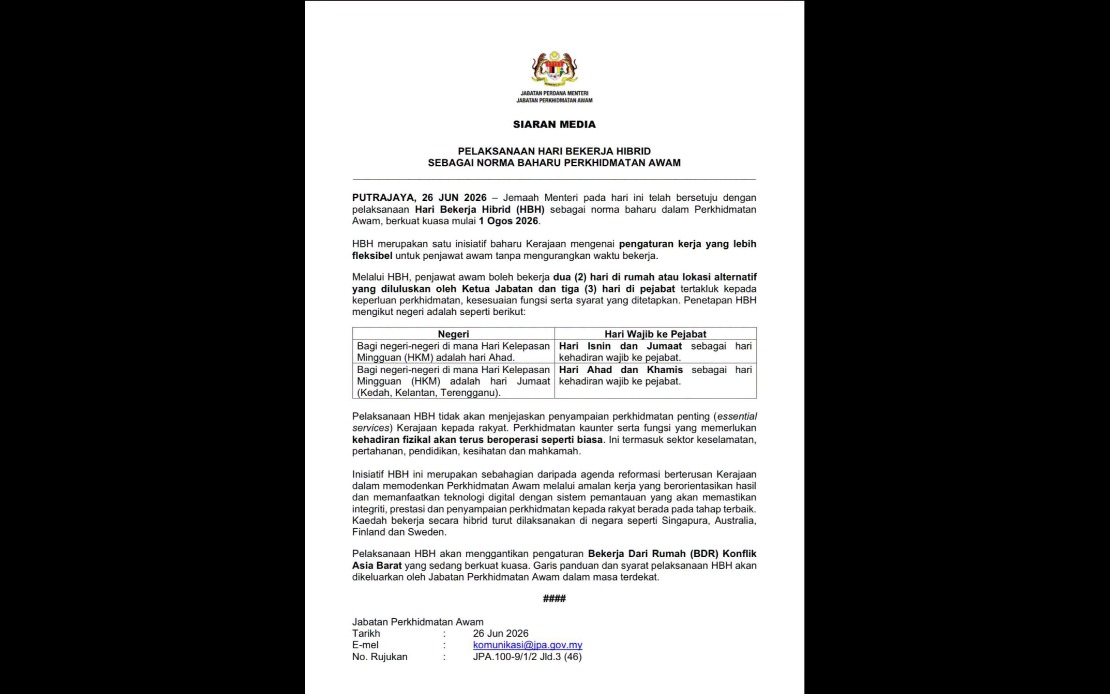 Malaysia's Civil Service to Shift to Hybrid Working Model from August 1